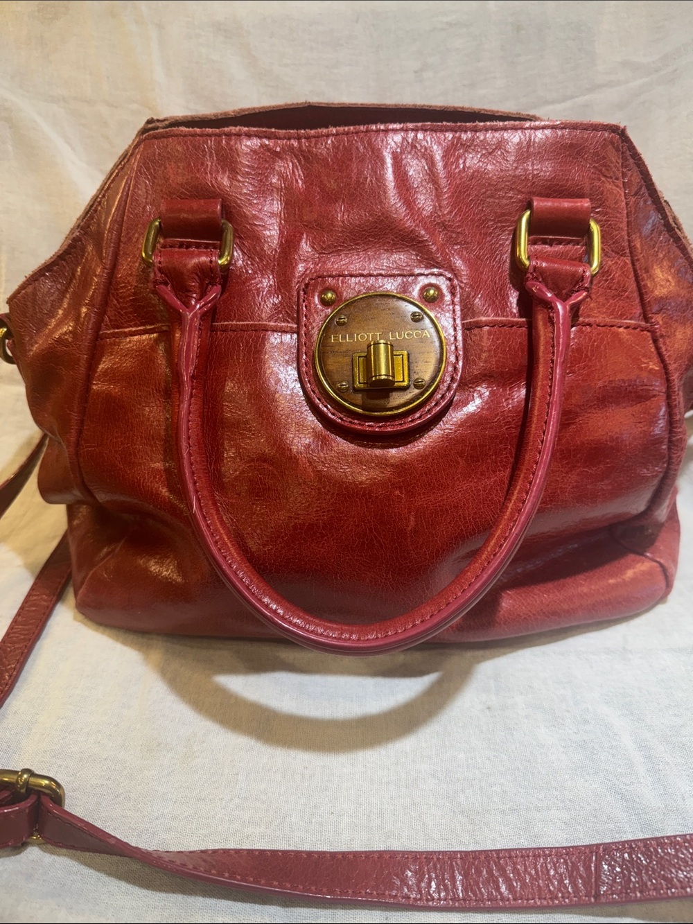Elliott Lucca Cherry Red Leather Shoulder Satchel with Gold Hardware